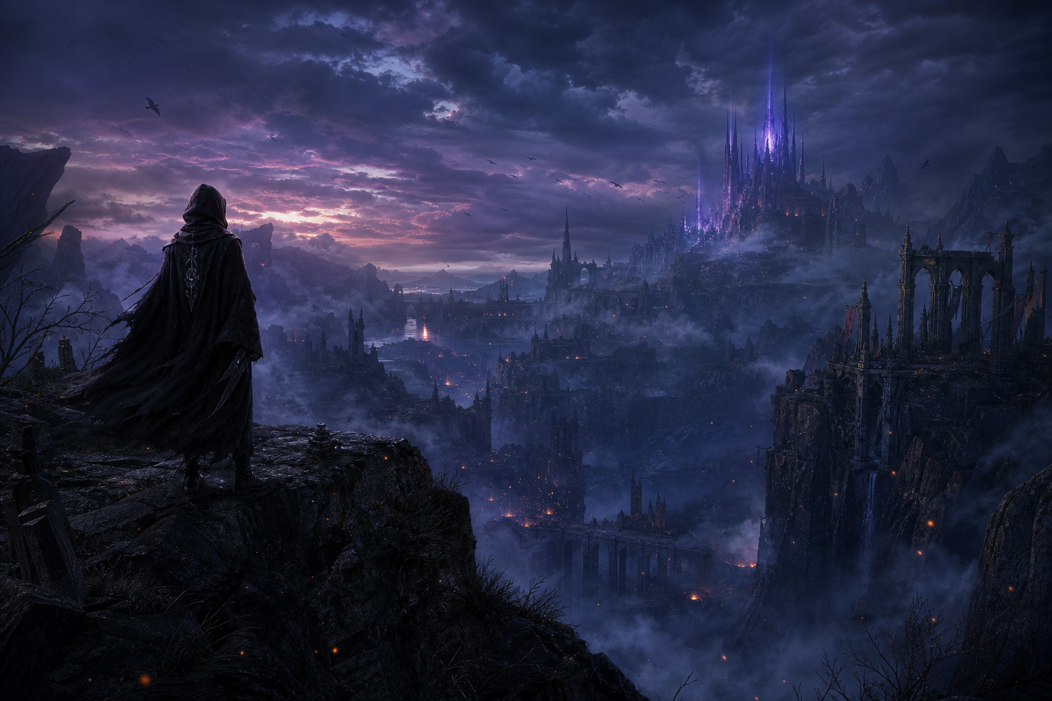 A lone explorer overlooking a vast unknown landscape