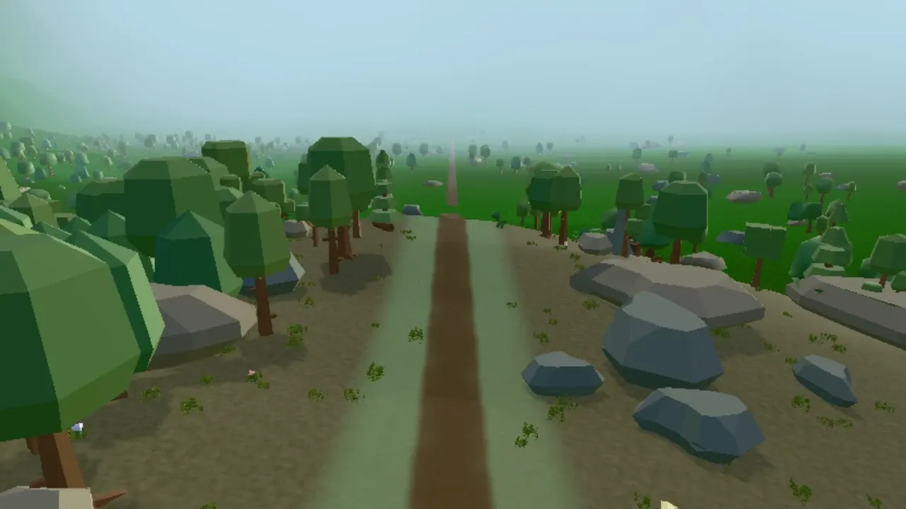 The road beyond the trees: A development view of terrain, vegetation and a road stretching into the distance. Environment art and world presentation remain in progress.