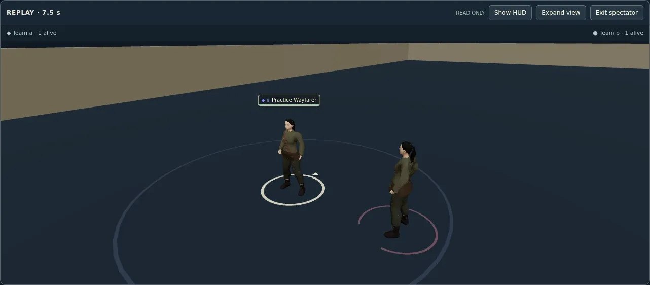 Reading an encounter: Two combatants in the arena replay viewer. Character presentation, animations and encounter spaces are being developed and tested.