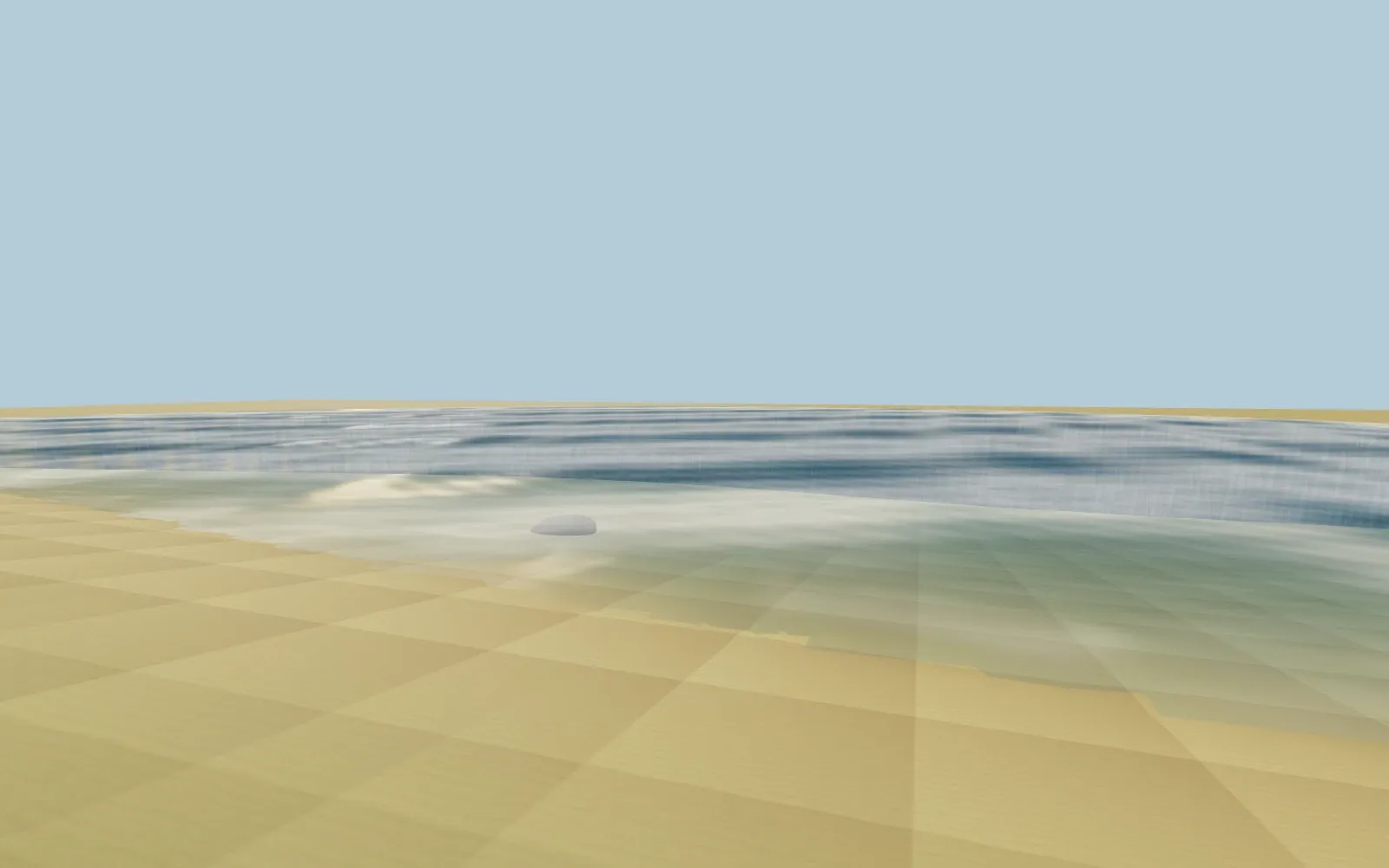 Along the shoreline: Water and shoreline rendering in the development environment. The terrain, lighting and water presentation are all work in progress.